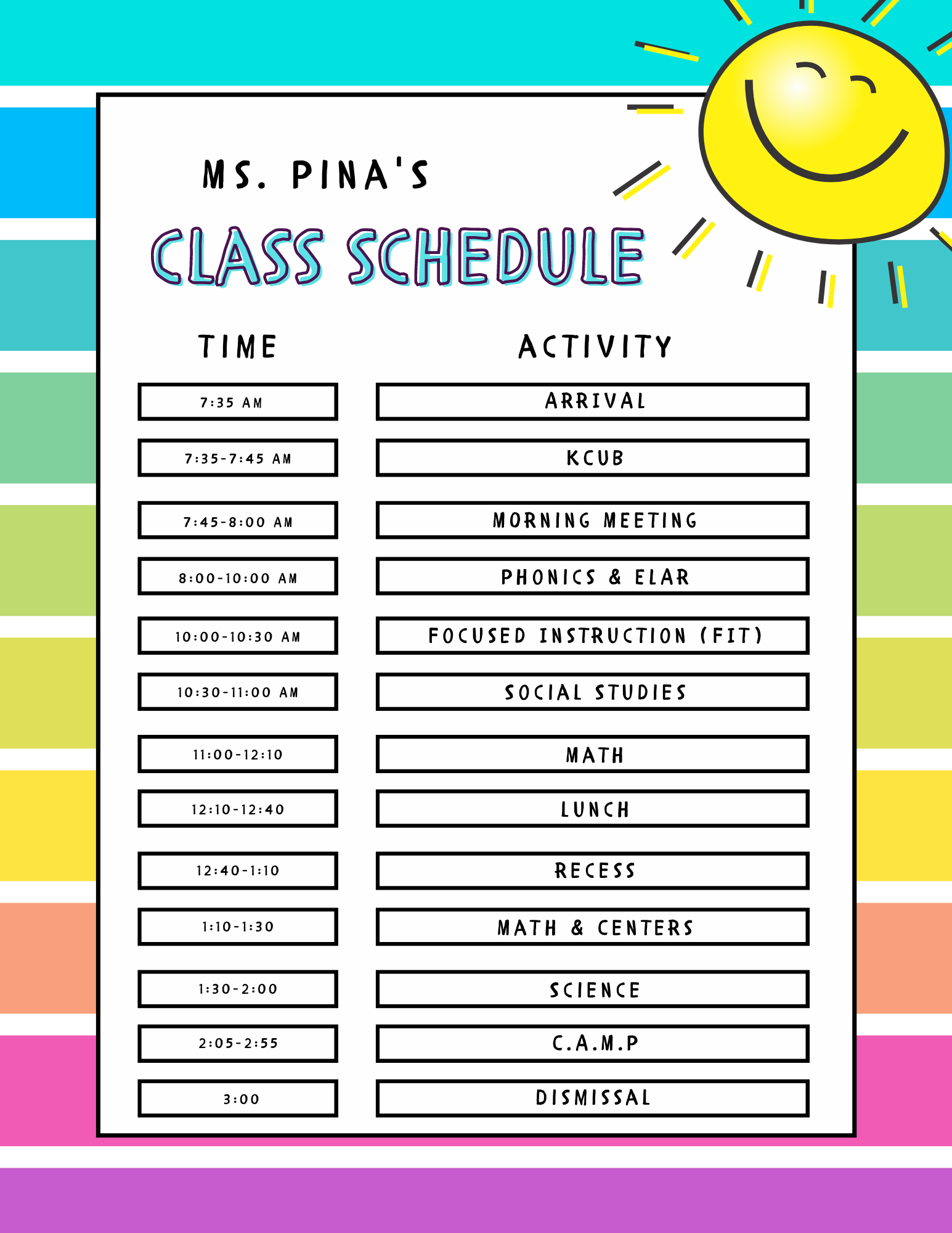 Second Grade Class Schedule